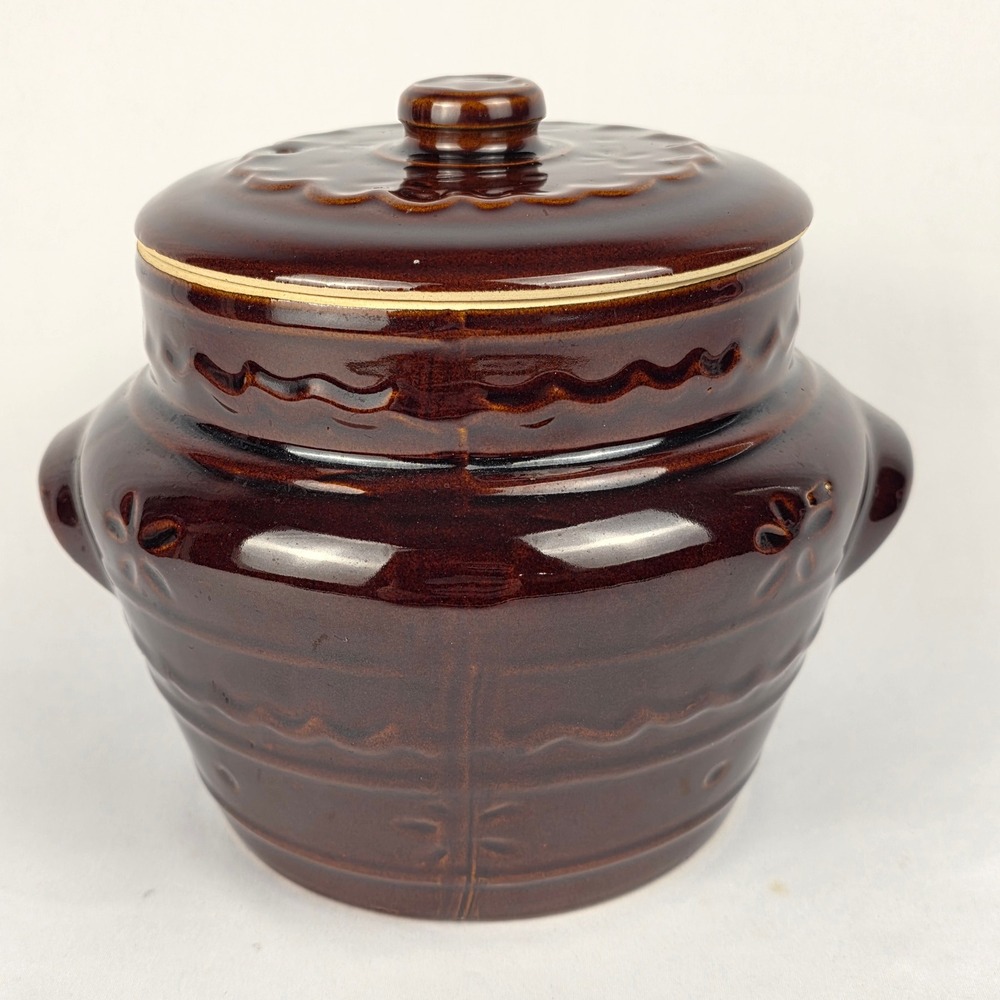 MAR‎ CREST Vtg Crock Pot Oven Proof Stoneware with Lid Brown 2 Handles Bean Pot